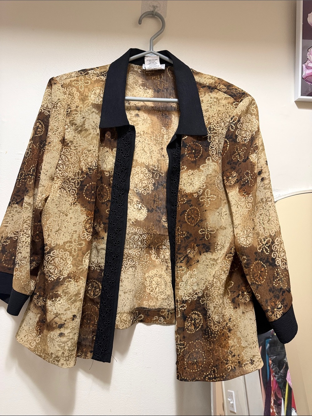 Women's Brown & Tan Patterned Open Blazer with Black Trim